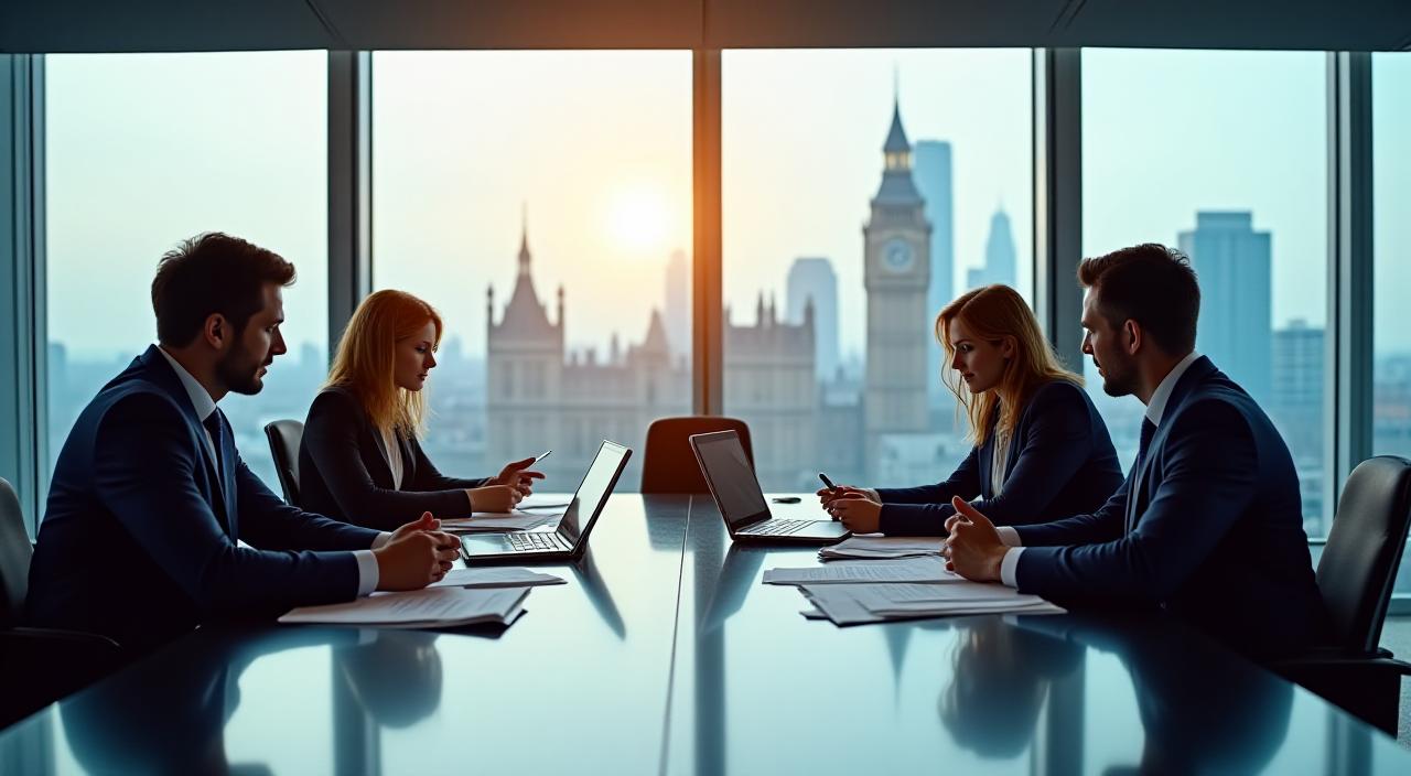 Strategic planning session in a London boardroom with professional consultants